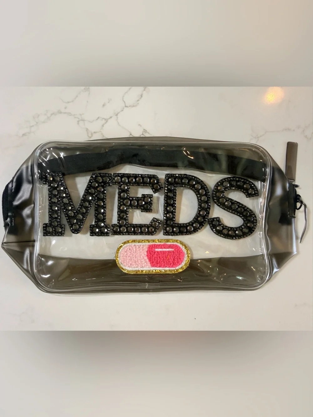 Embellished Logo Clear Pouch with Pink Patch